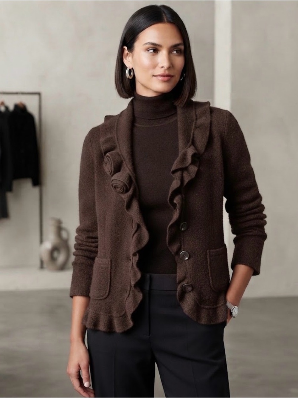 Marina Luna 100% Wool Brown Ruffle & Floral Knit Jacket Sz S